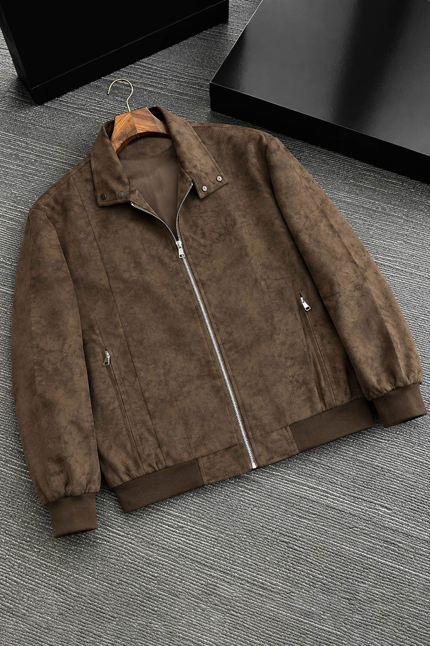 Men's Classic Stand Suede Leather Jacket In Coffee
