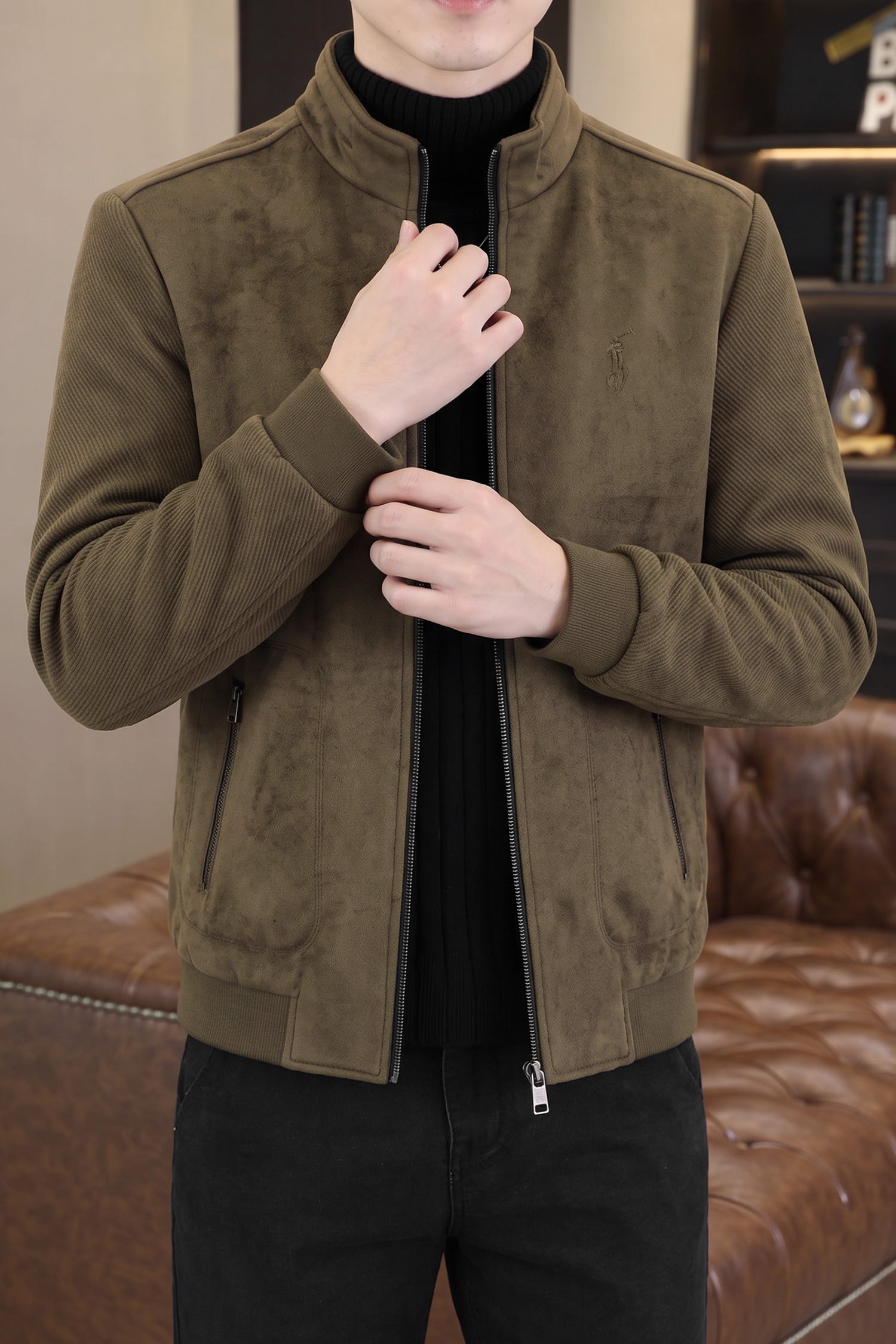 Turbo x Polo Pony Mock-Neck Zipper Imported Men's Big Size Wool Jacket In Sand Brown