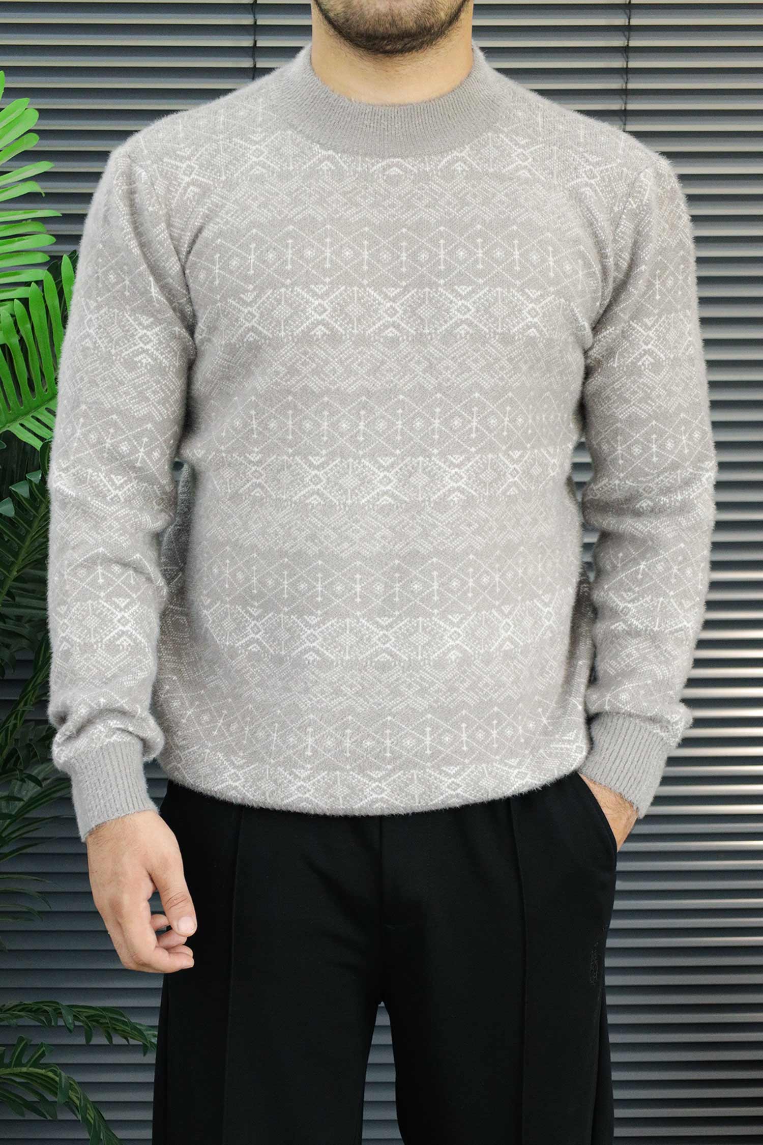 Aesthetic Geometric Patterned  Imported Round Neck Rabbit Wool Men's Sweater In Sand Grey