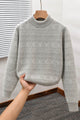 Aesthetic Geometric Patterned  Imported Round Neck Rabbit Wool Men's Sweater In Sand Grey