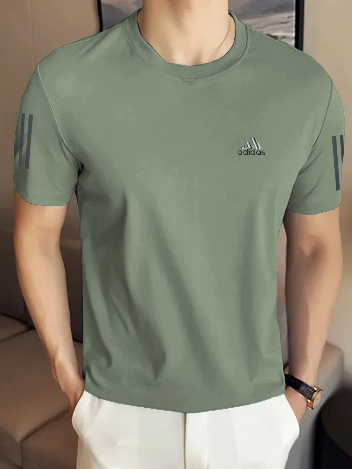 Adds Half Tri-Line Strips Round Neck T-Shirt