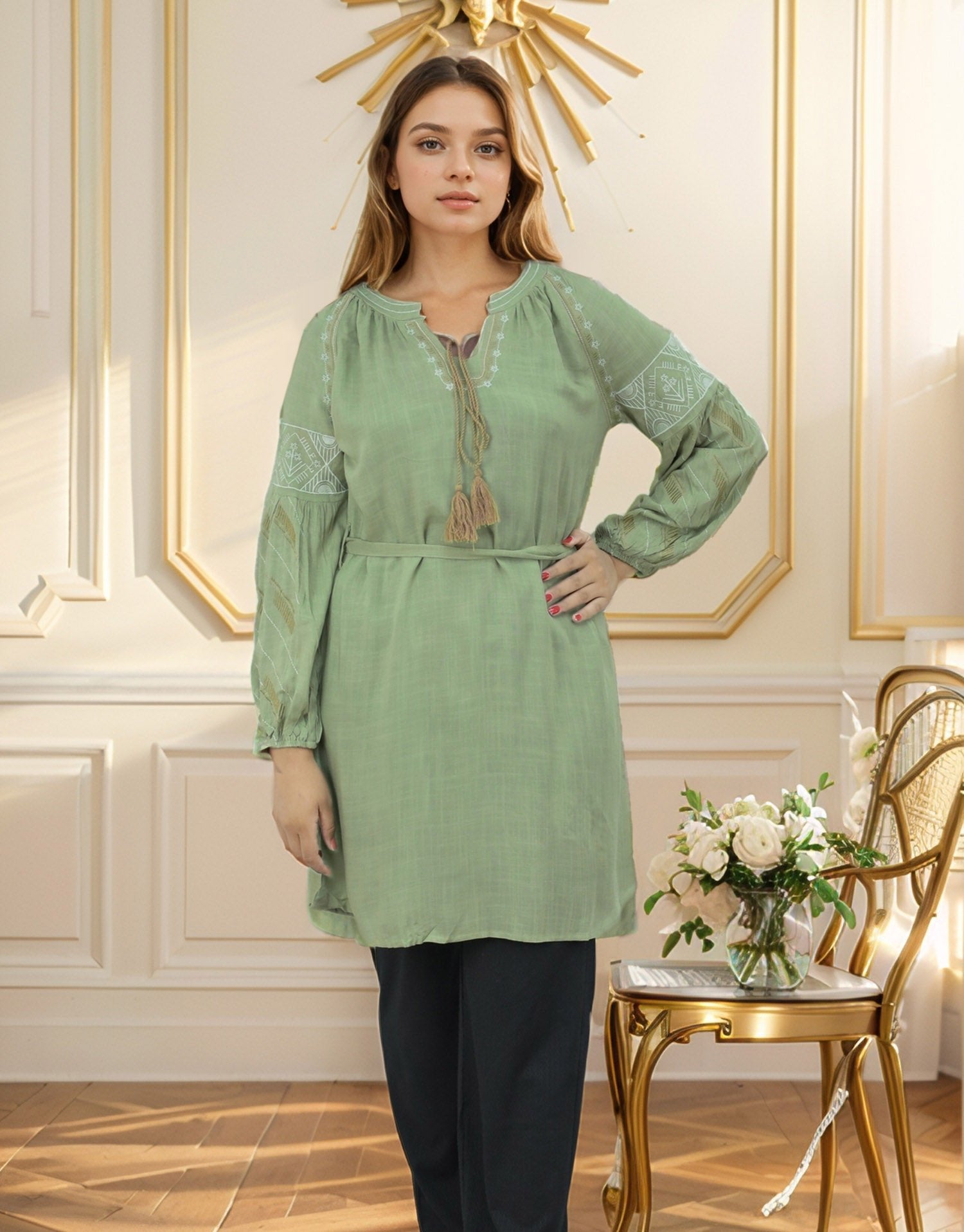 Embroidered Design Puff Sleeve Turkish Imported Top