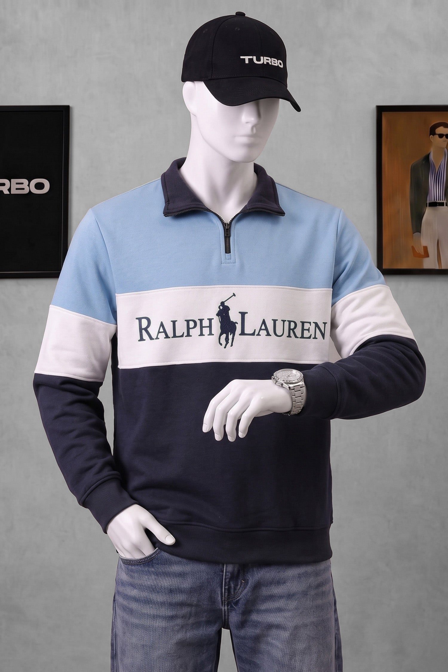 Plo Rph Lren Heritage Mock-Neck Zip Style Men's Sweatshirt In Sky Blue