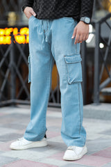 Turbo Vintage Style Cargo Denim Jeans In Sky Blue