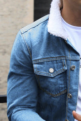 Fur Collar Sherpaa Inside Warm Denim Jacket in Sky Blue