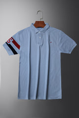 Tmy Hlfgr Monotype Flag Arm Men's Polo Shirt In Sky Blue