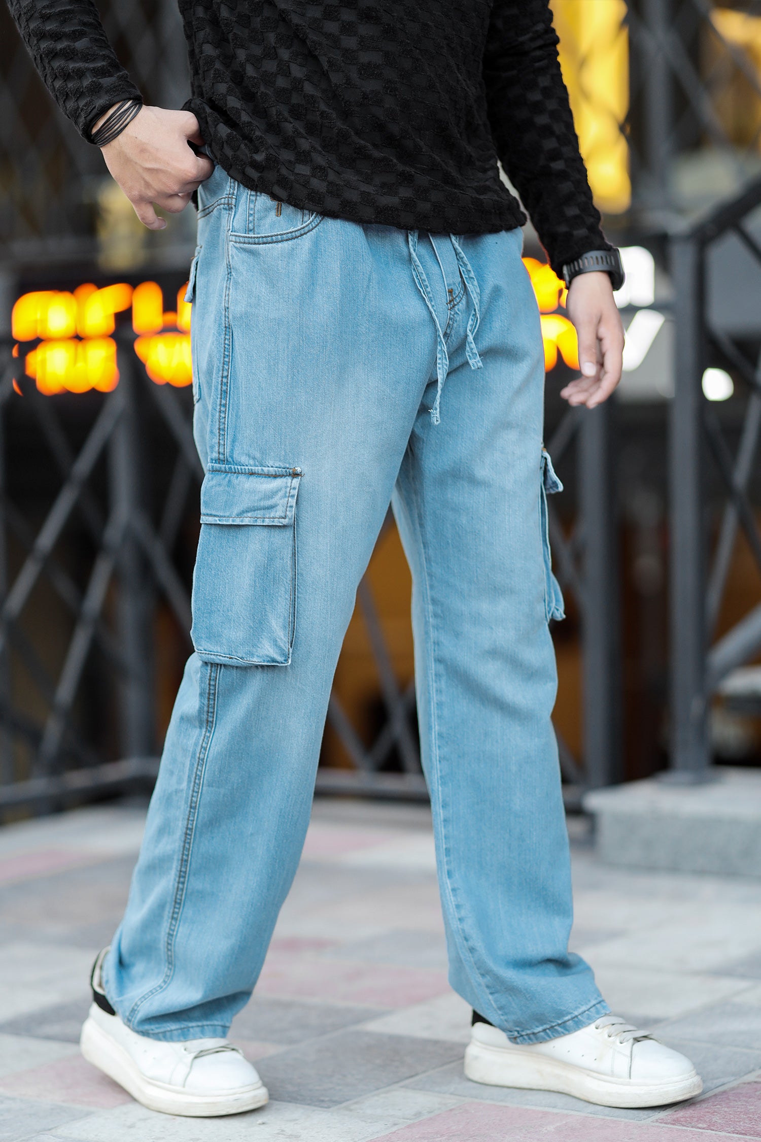 Turbo Vintage Style Cargo Denim Jeans In Sky Blue