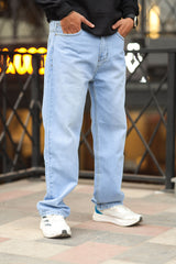 Loose Fit Plain Denim Turbo Jeans in Sky Blue