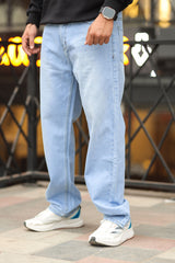 Loose Fit Plain Denim Turbo Jeans in Sky Blue