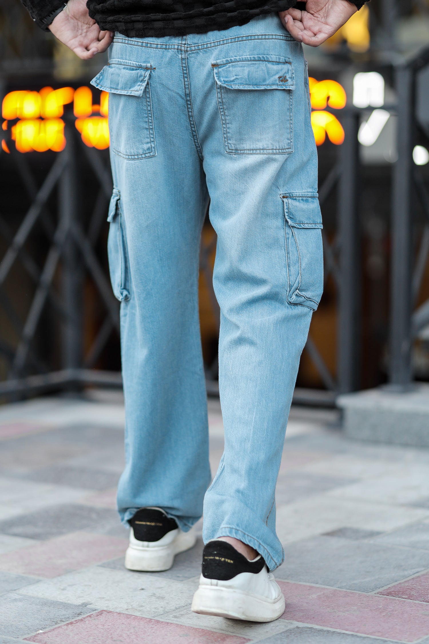 Turbo Vintage Style Cargo Denim Jeans In Sky Blue