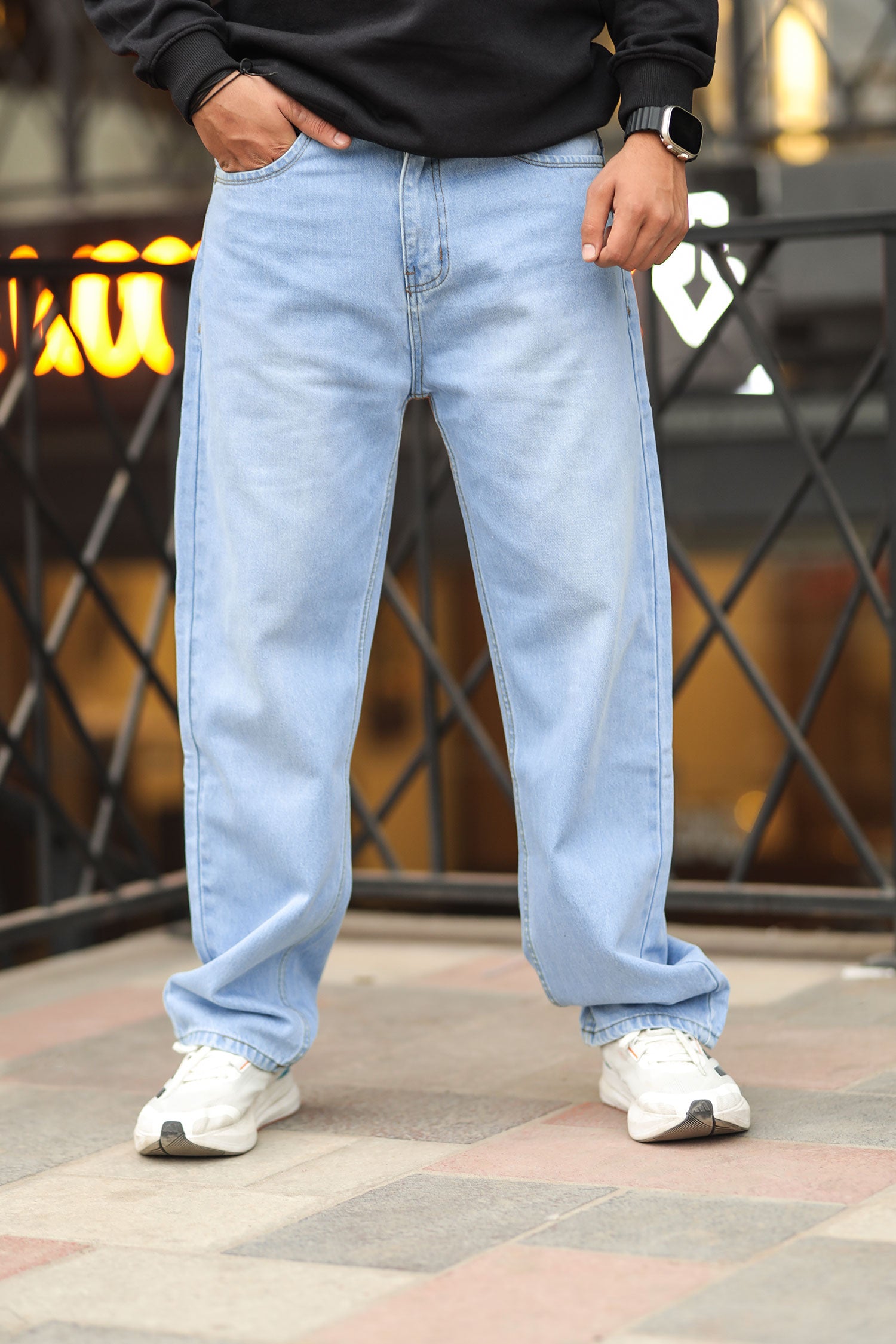 Loose Fit Plain Denim Turbo Jeans in Sky Blue