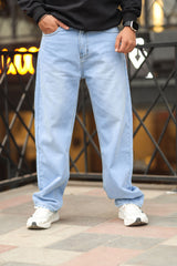 Loose Fit Plain Denim Turbo Jeans in Sky Blue