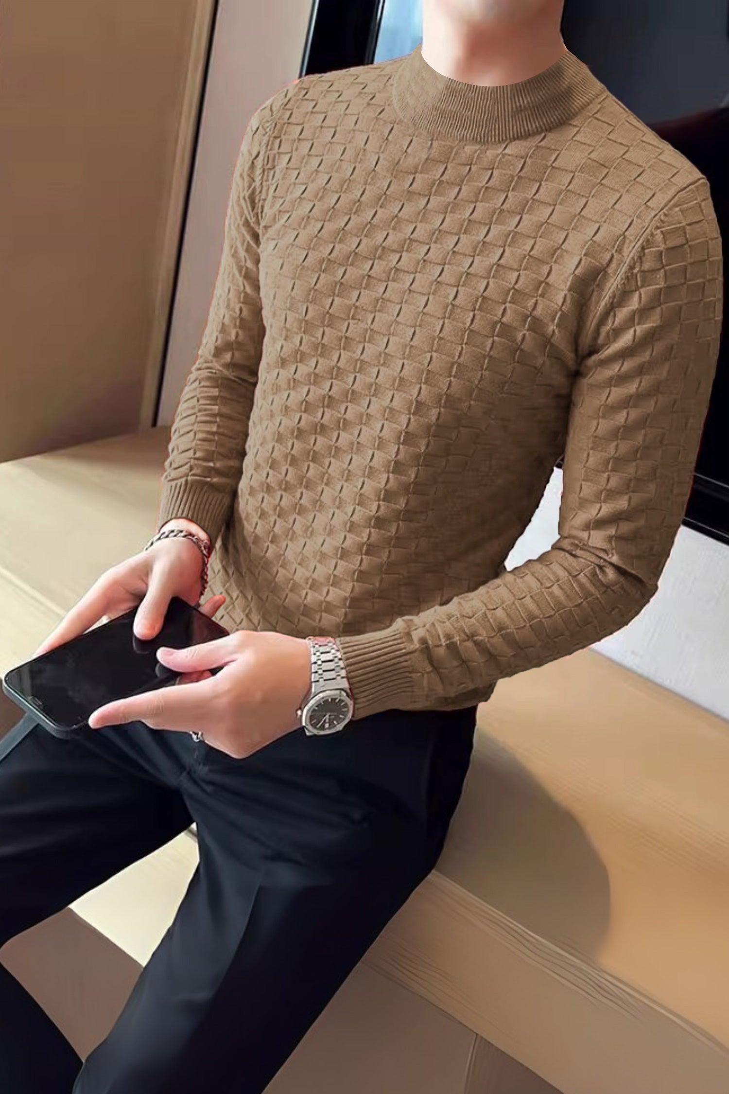Pullover Waffle Crew-Neck Imported Men's Sweater