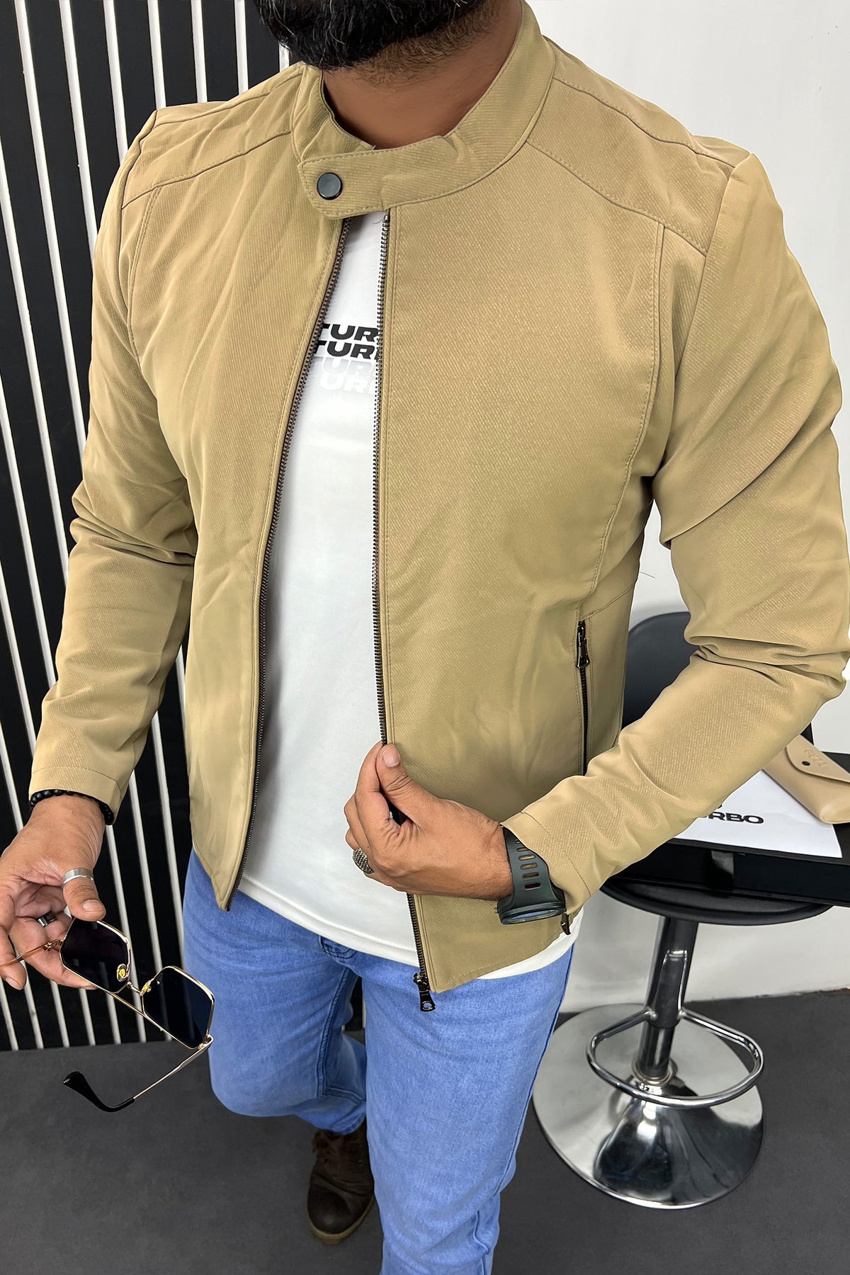 Stand Collar Button Men's Imported Suede Leather Jacket