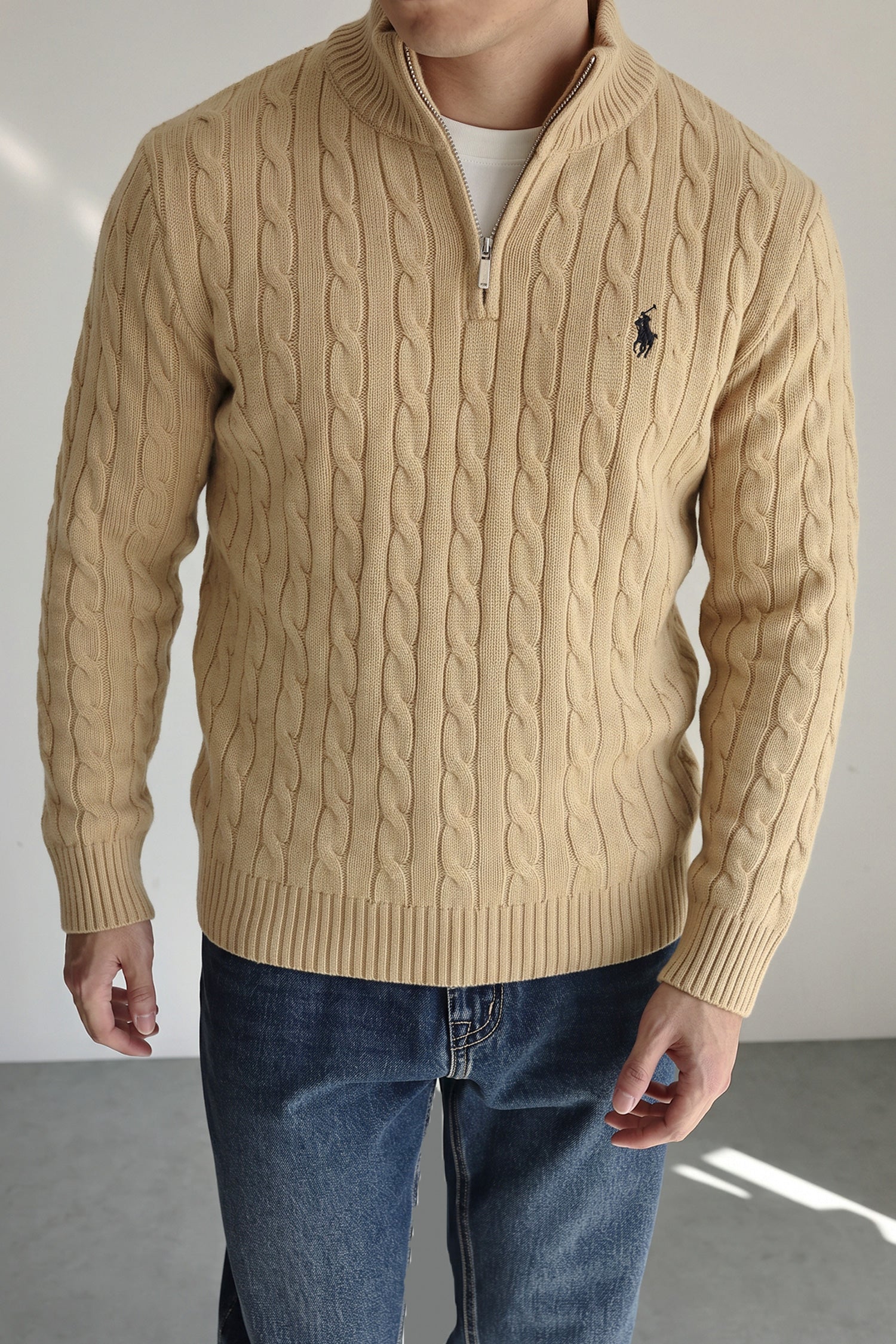 Polo Cable Crew Texture Half-Zip Imported Men's Jumper Sweater In Skin