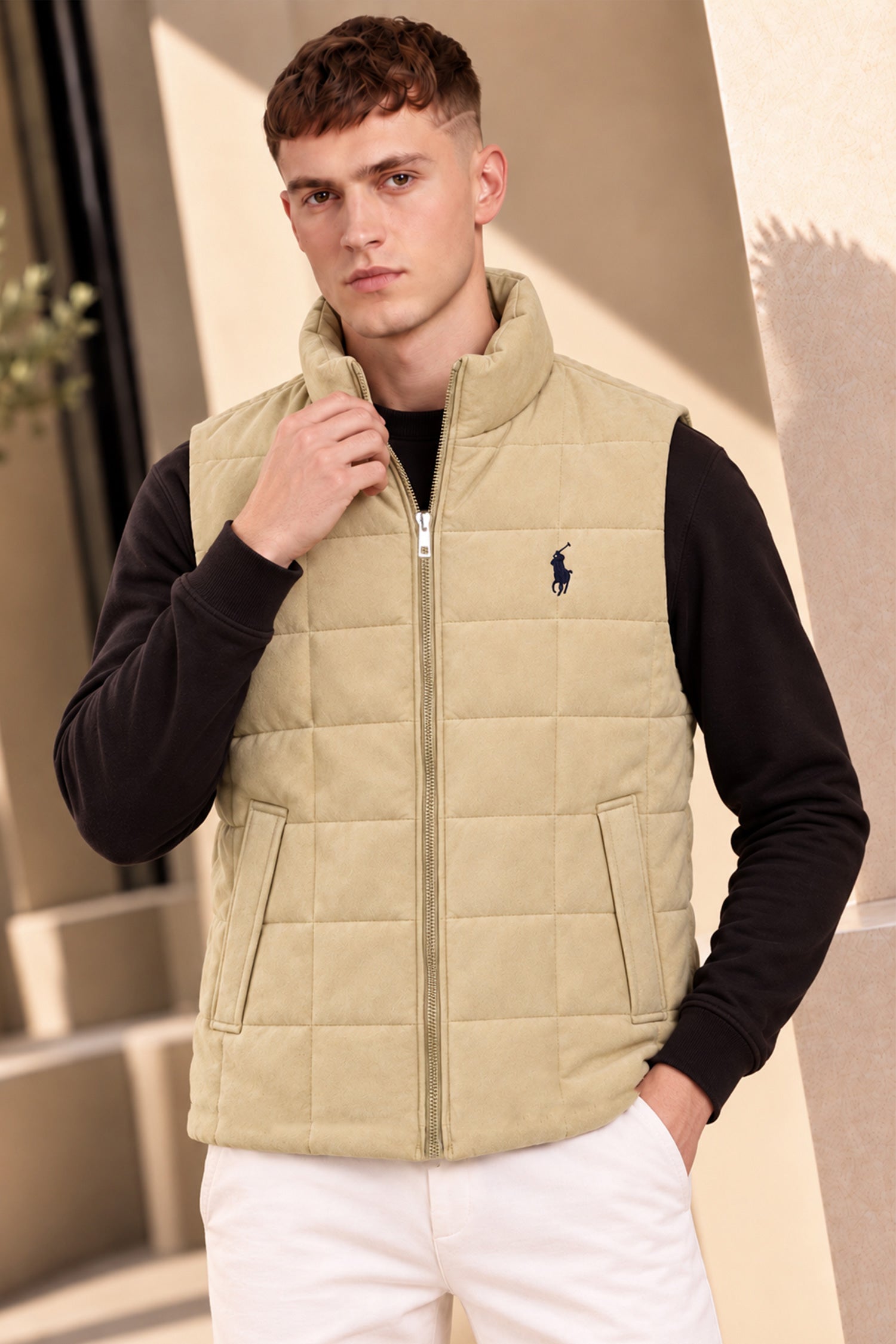 Polo Grid-Quilted Imported Suede Men's Gilet In Light Skin
