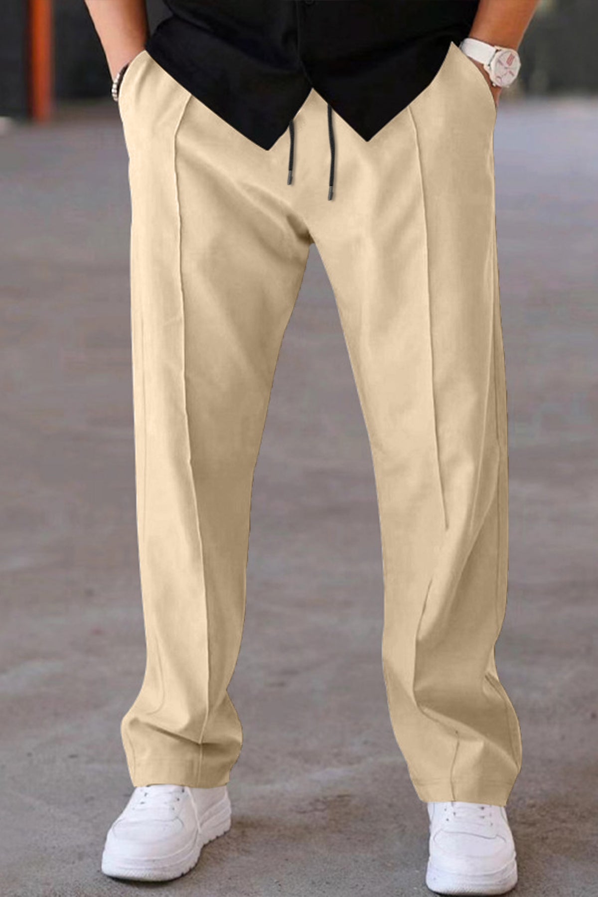 Plain Stripe Line Loose Bottom Trouser In Skin