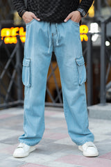 Turbo Vintage Style Cargo Denim Jeans In Sky Blue