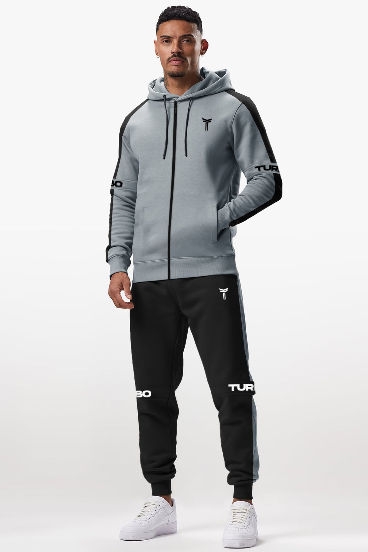 Turbo Hood Style Panel Men Zipper Tracksuit In Slate Grey