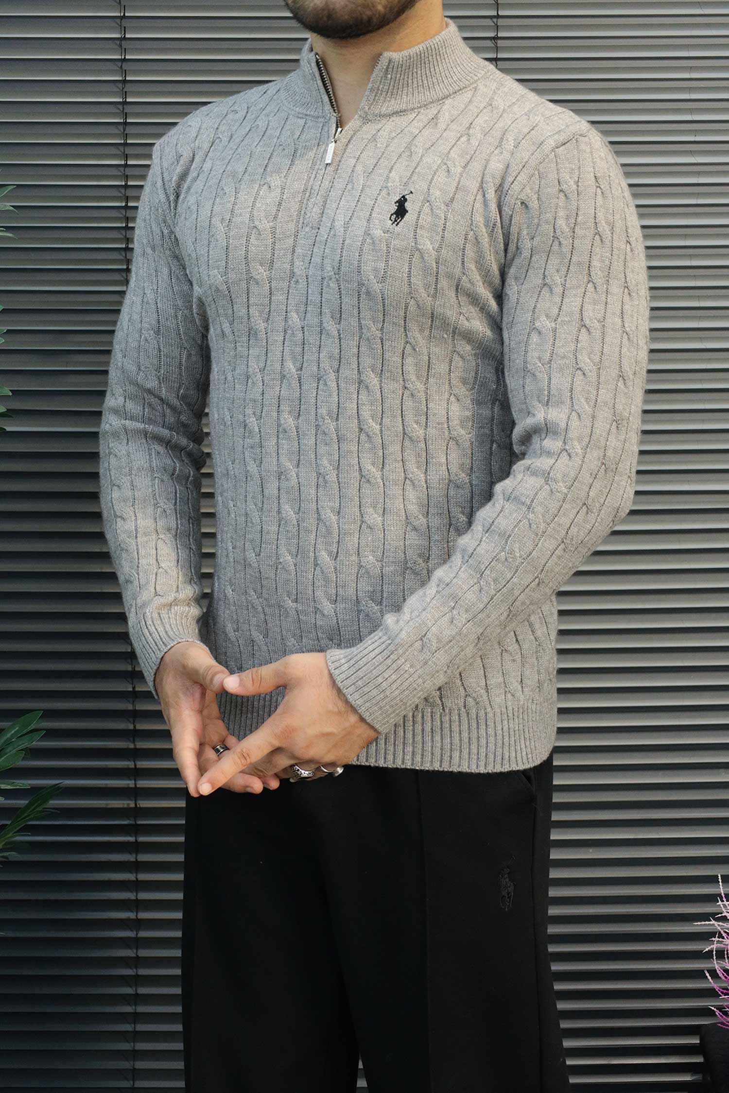 Polo Cable Crew Texture Half-Zip Imported Men's Jumper Sweater In Slate Grey