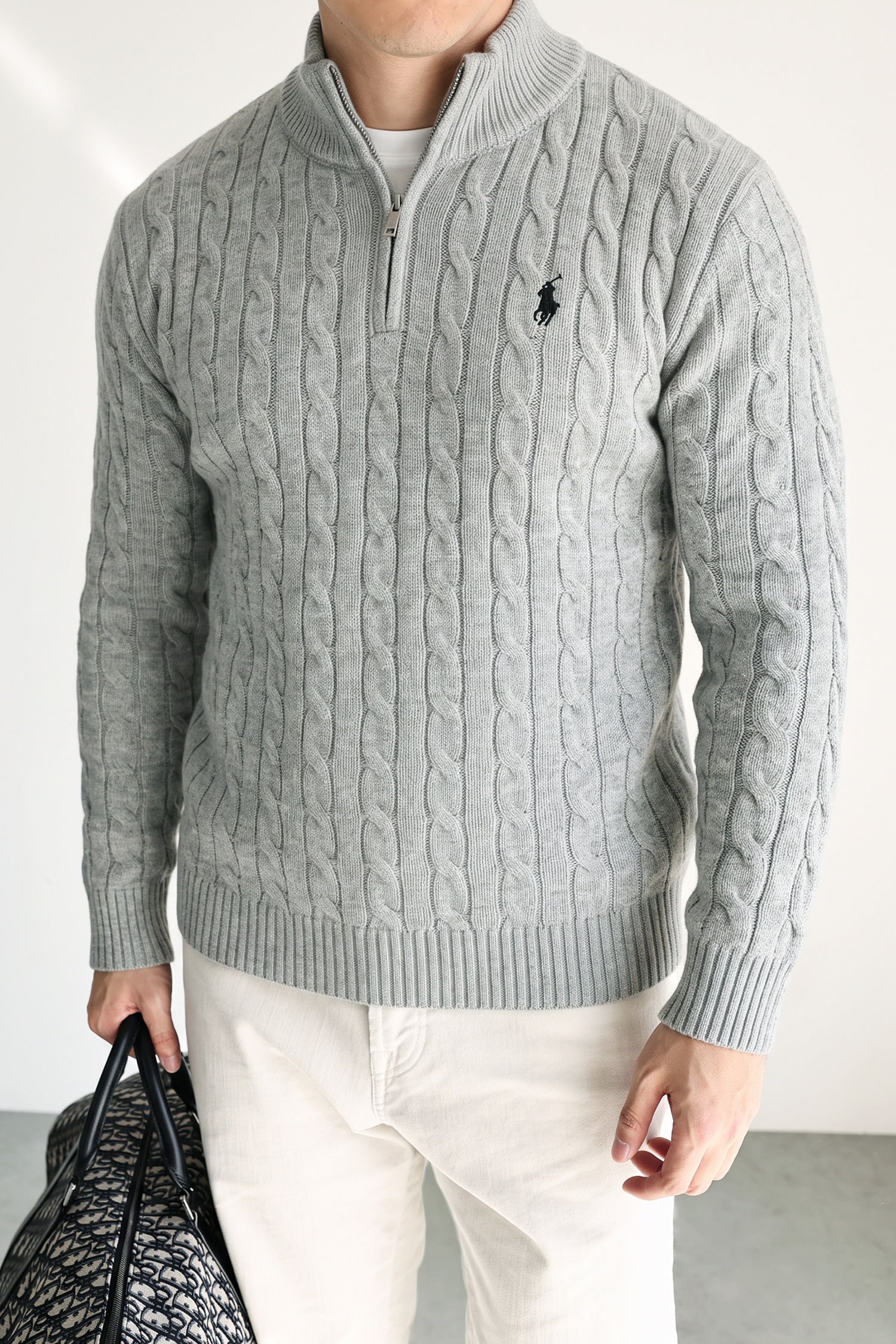 Polo Cable Crew Texture Half-Zip Imported Men's Jumper Sweater In Slate Grey