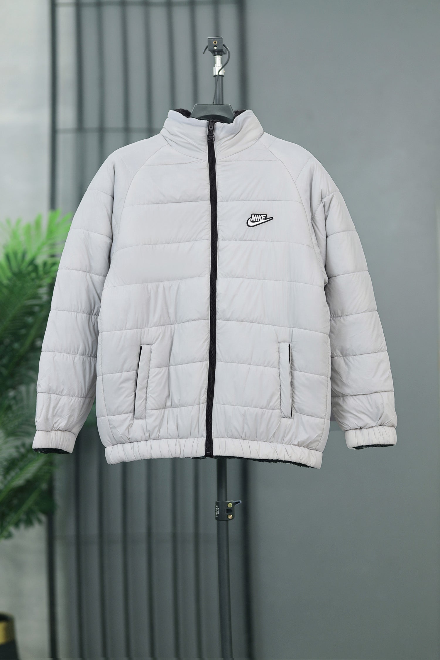 Nke Reversible Double Face Sherpa Imported Puffer Jacket In Slate Grey