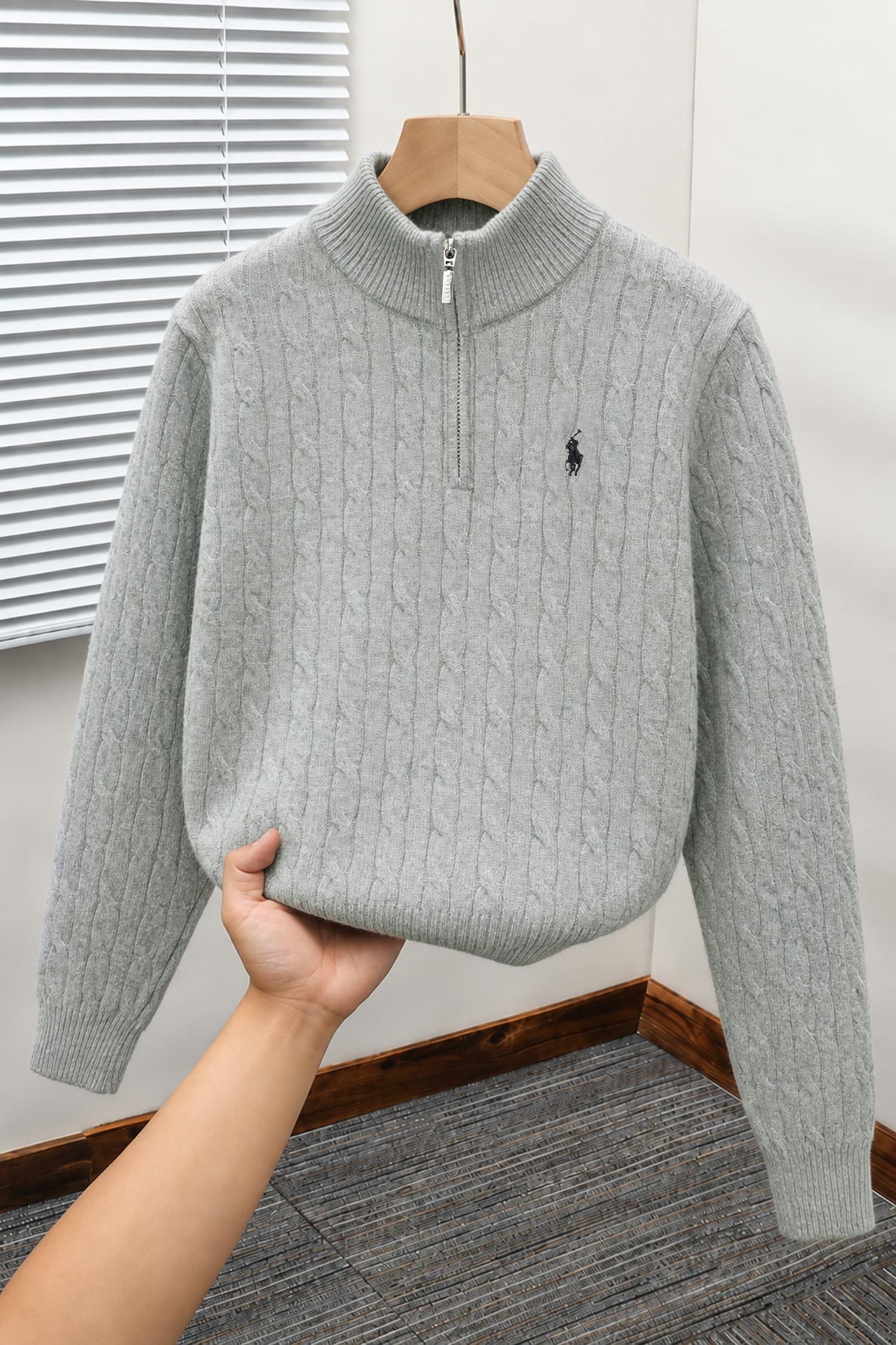 Polo Cable Crew Texture Half-Zip Imported Men's Jumper Sweater In Slate Grey