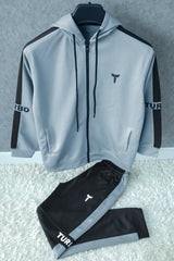 Turbo Hood Style Panel Men Zipper Tracksuit In Slate Grey