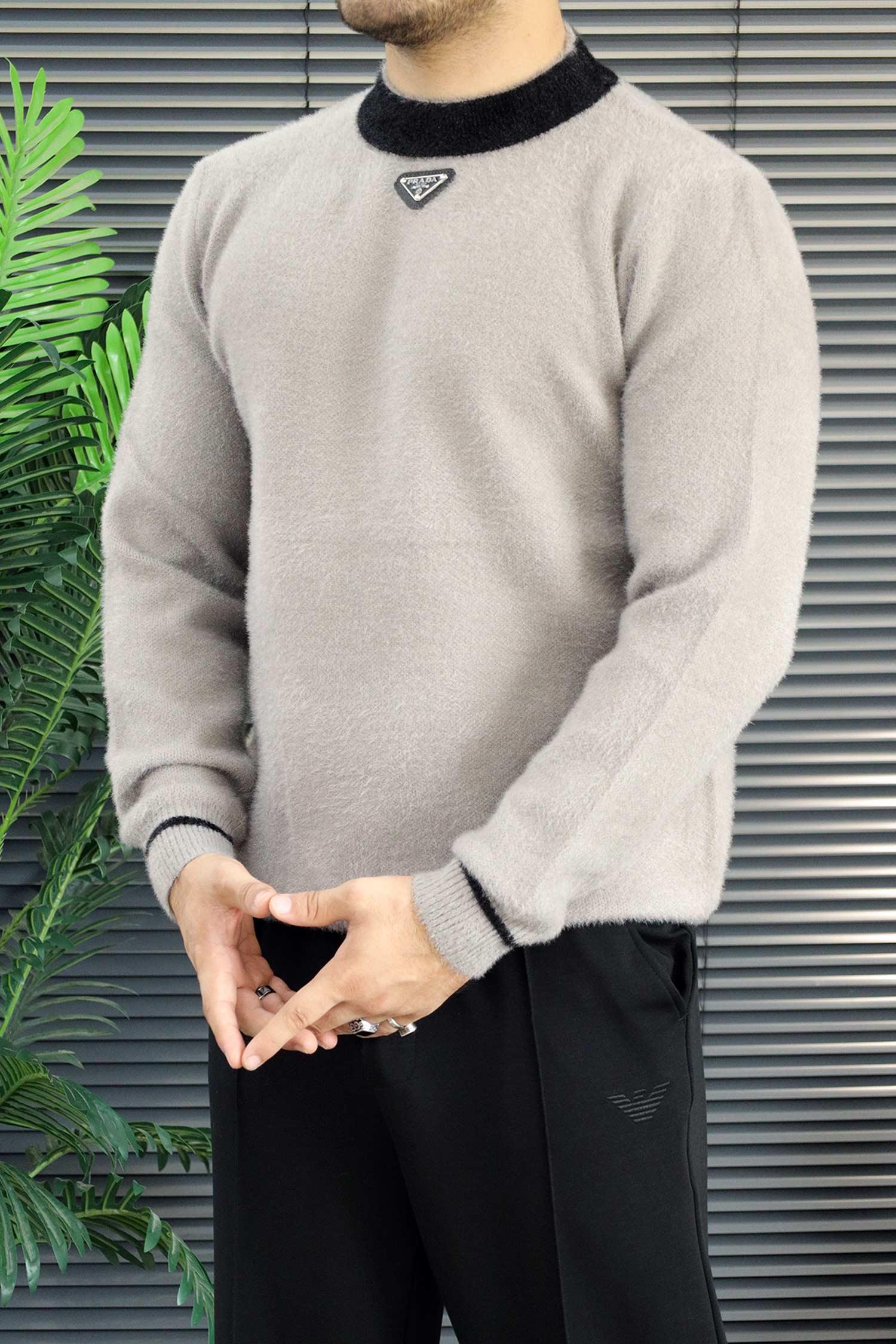 Prda Long Sleeve Pullover Imported Round Neck Rabbit Wool Men's Sweater In Stone Grey