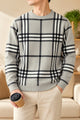 Turbo Preppy Plaid Imported Round Neck Men's Sweater In Stone Grey