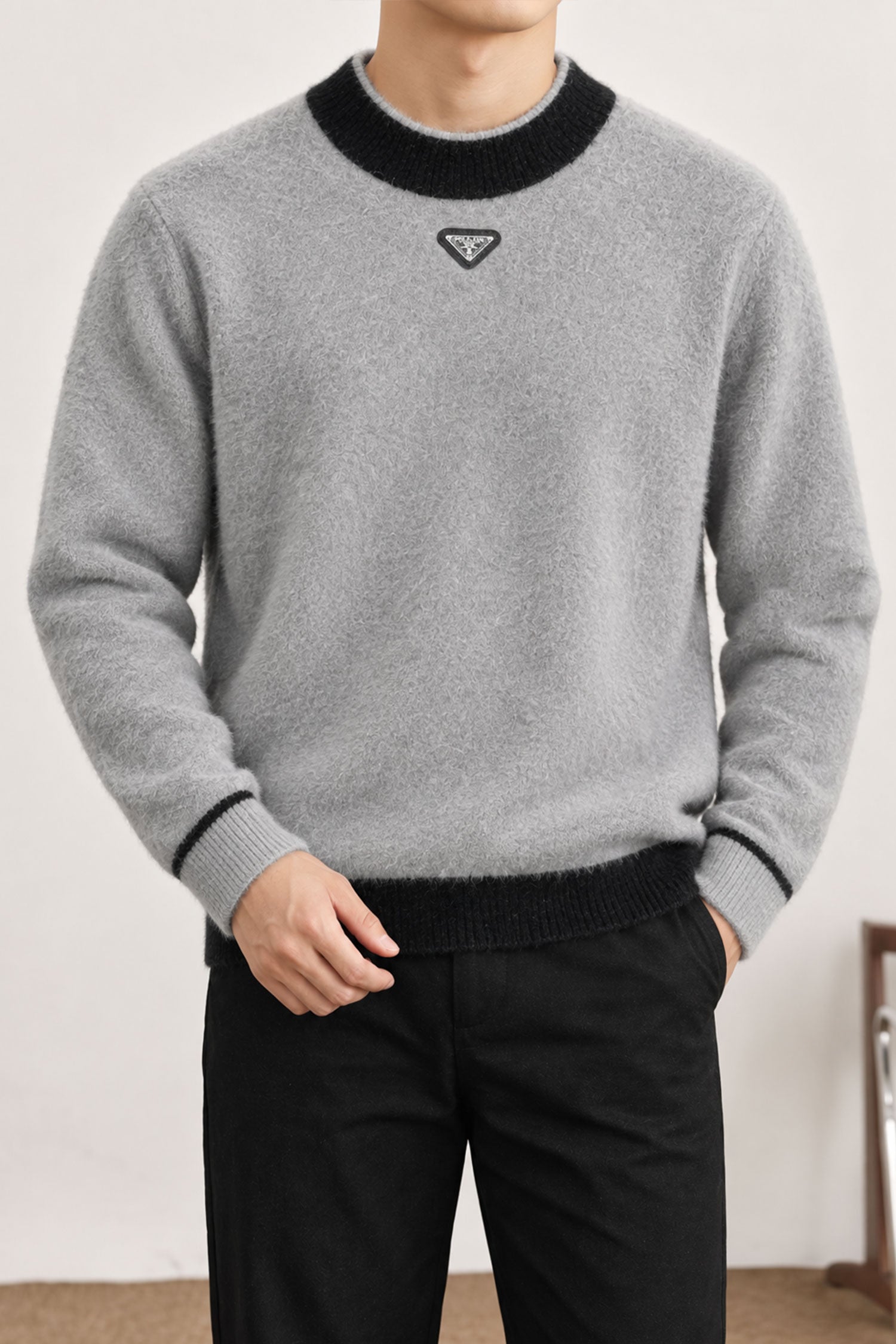 Prda Long Sleeve Pullover Imported Round Neck Rabbit Wool Men's Sweater In Stone Grey