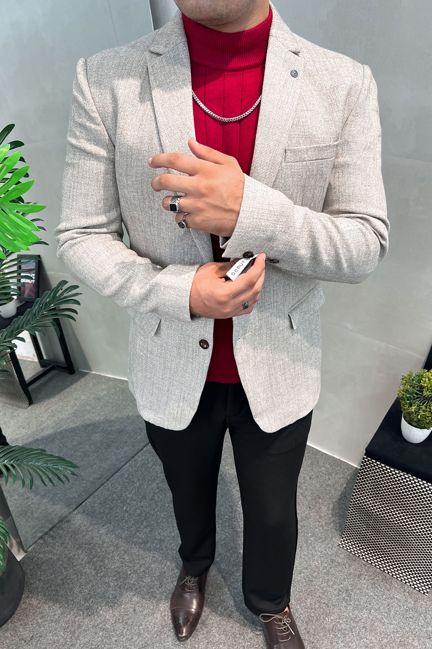 Turbo Premium Slub Texture Imported Men Blazer In Stone Grey