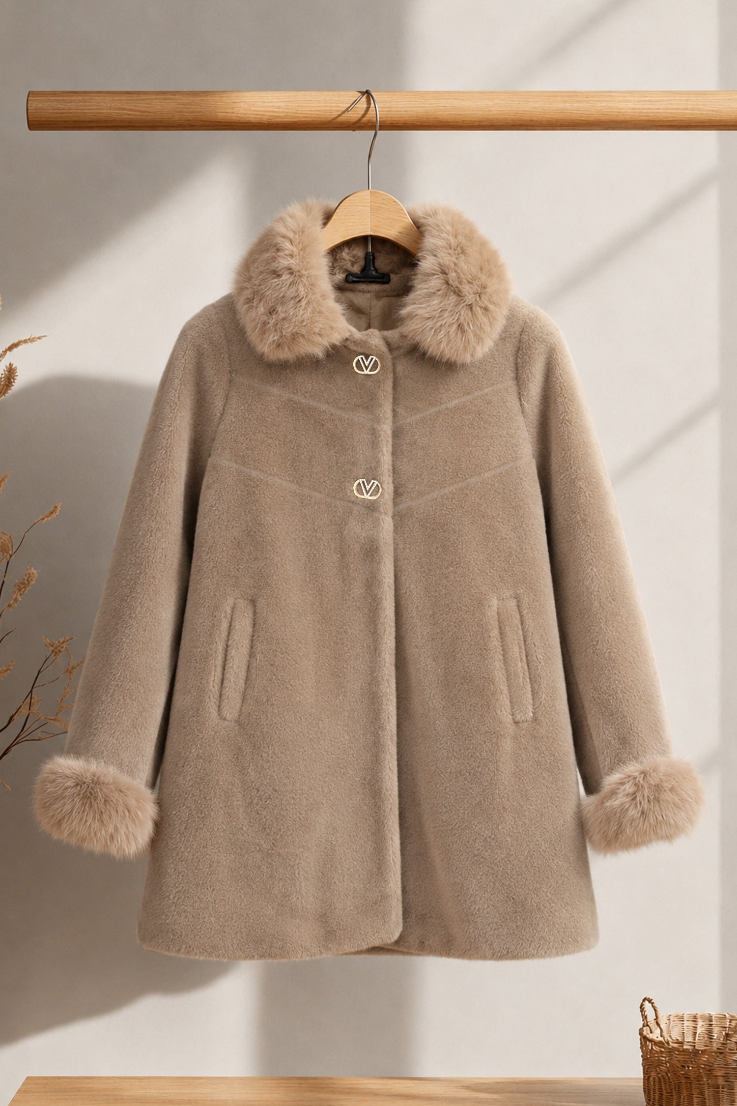 Women's Double Faux Fur Teddy Imp Wool Long Coat In Tan