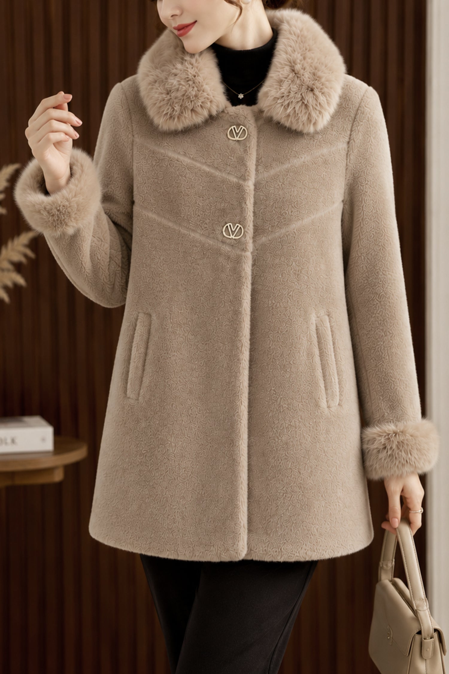 Women's Double Faux Fur Teddy Imp Wool Long Coat In Tan