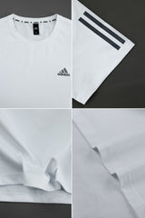Adds Half Tri-Line Strips Round Neck T-Shirt In White