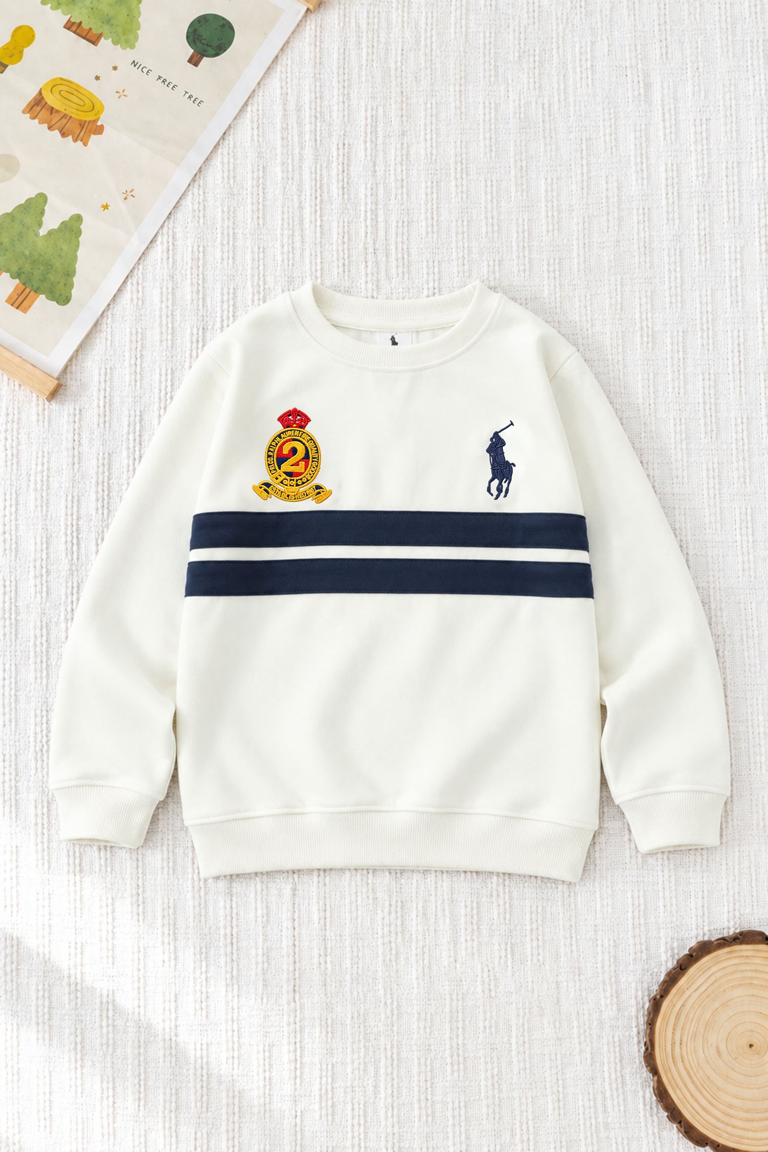 Rph Lren Classic Panneled Round Neck Kid's Sweatshirt In White