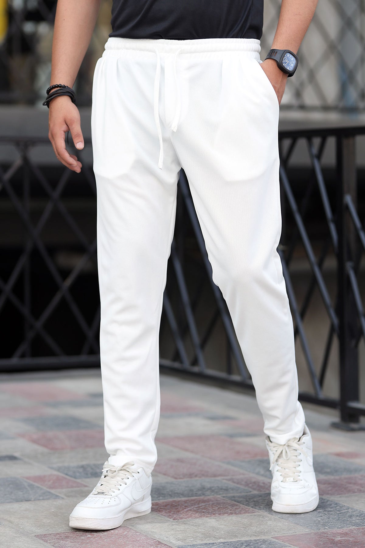 Turbo Pique Textured Double Plate SlimFit Trouser In White