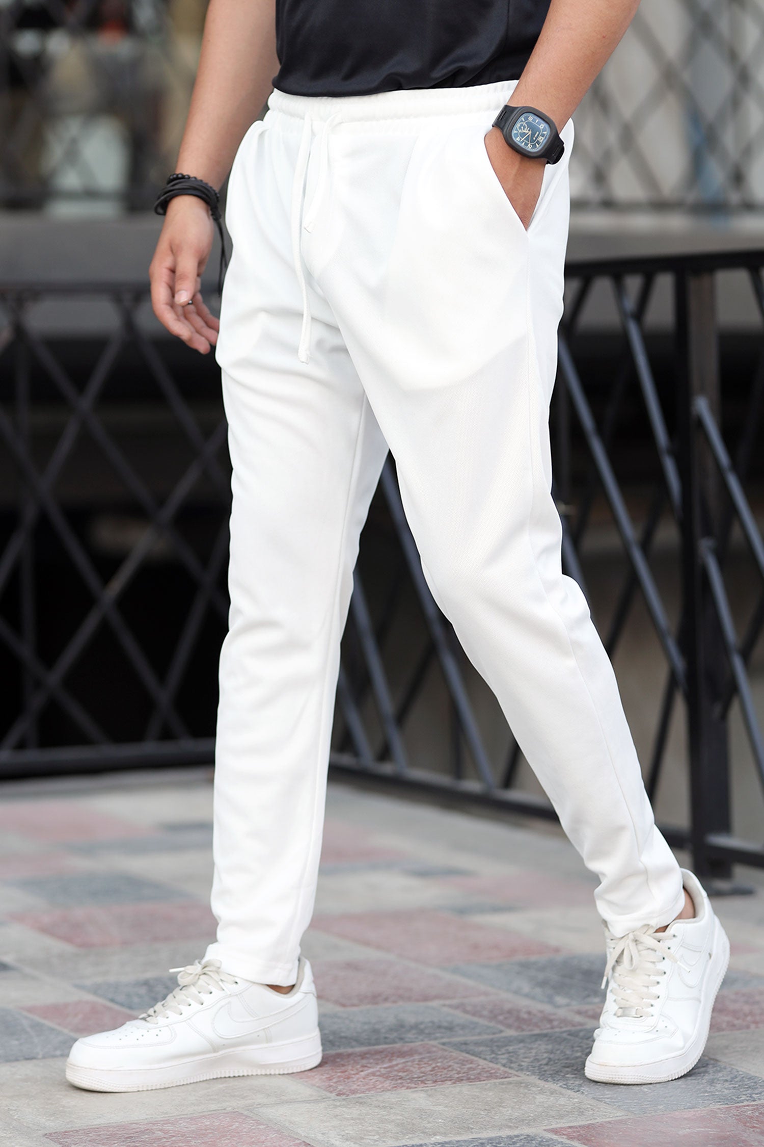 Turbo Pique Textured Double Plate SlimFit Trouser In White