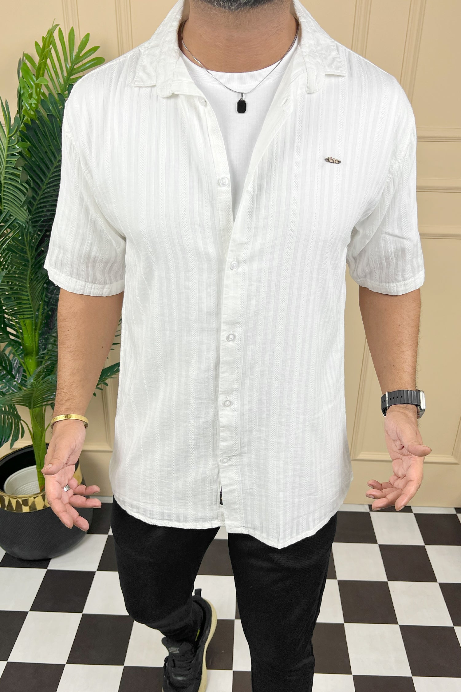 Turbo Minimalist Design Half Sleeve Casual Shirt In White