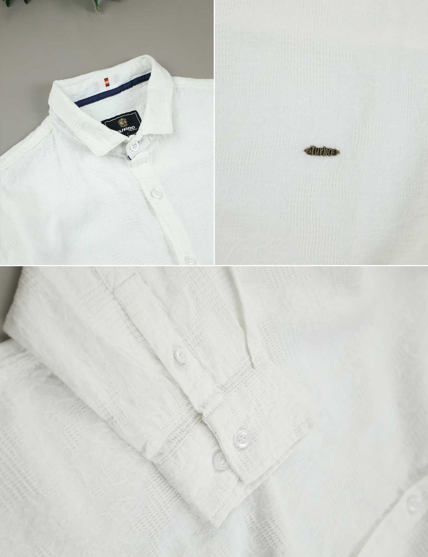 Turbo Vintage Patterend Long Sleeve Cotton Casual Shirt In White