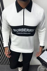 Brburry Half Zip Collar Style Full Sleeves Men's Sweatshirt In White