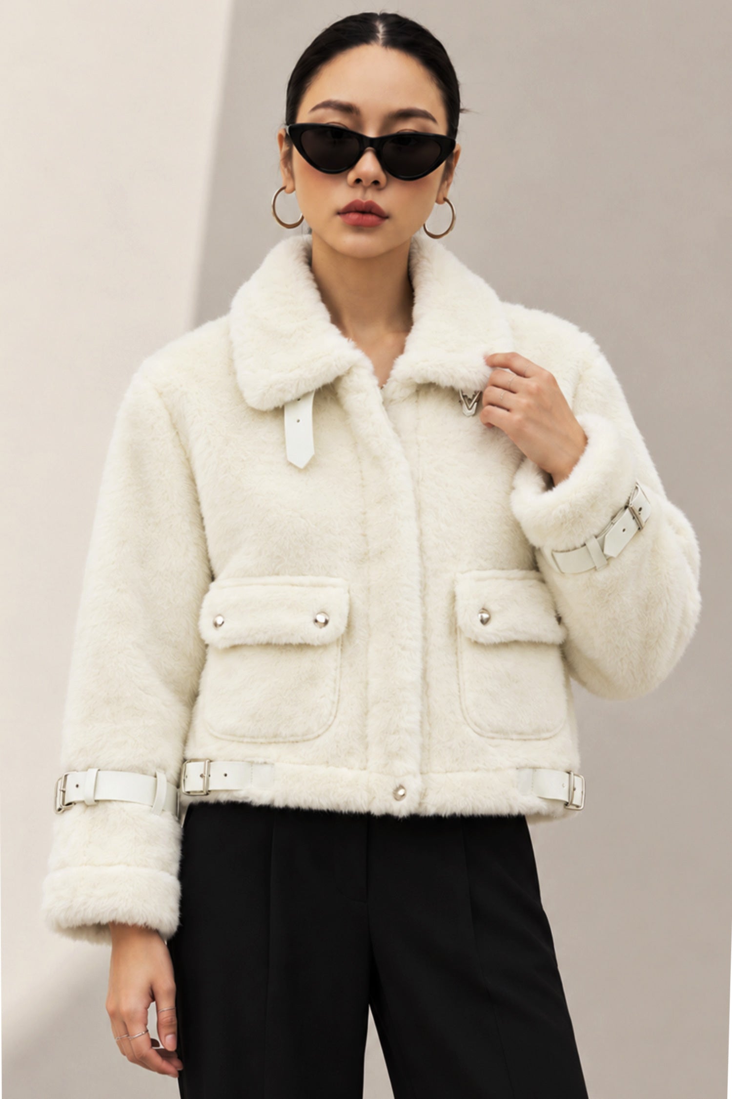 Women Belt Plush Imported Fur Jacket In White