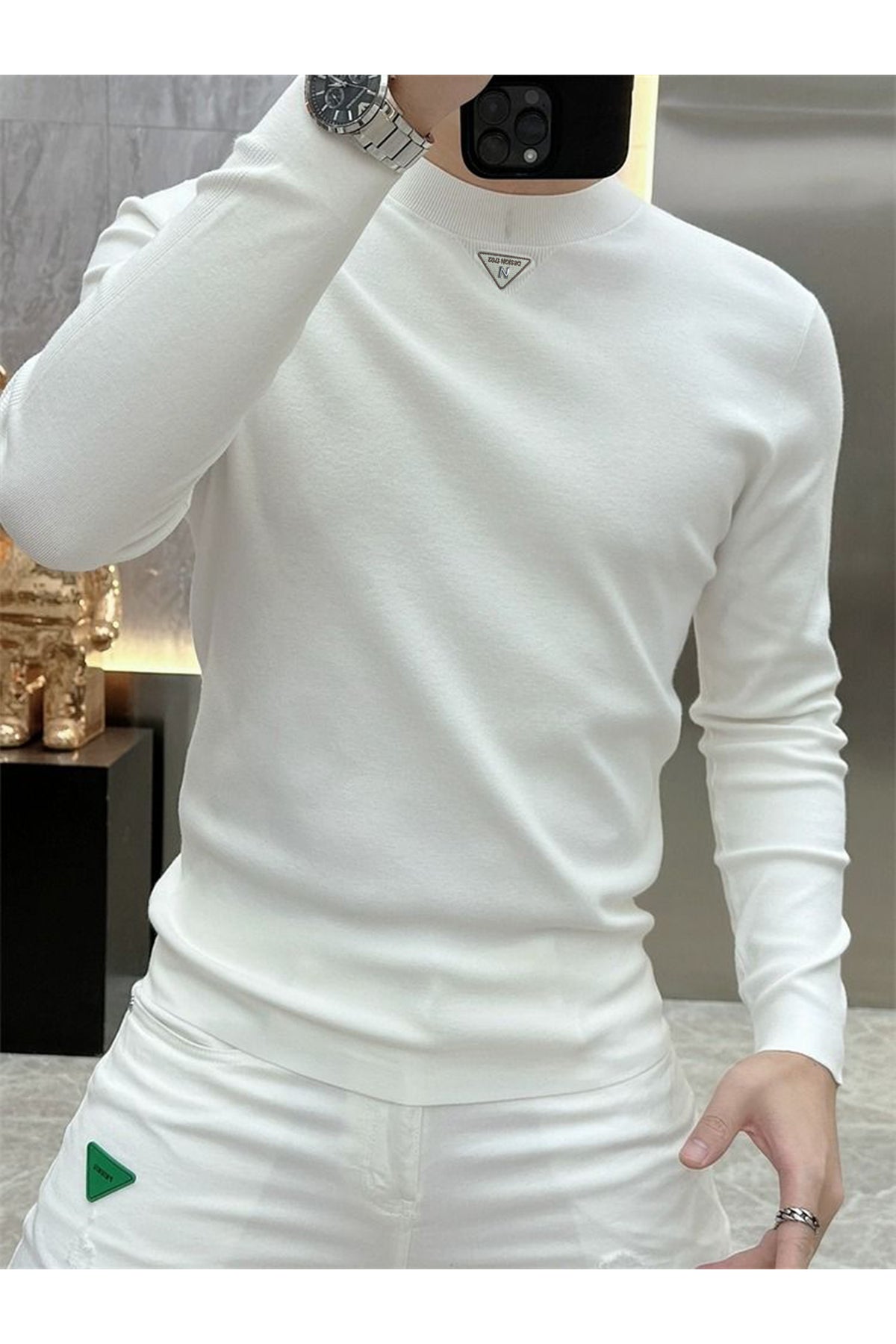 Warm Mock  Neck Full Sleeves Men's Sweatshirt In White