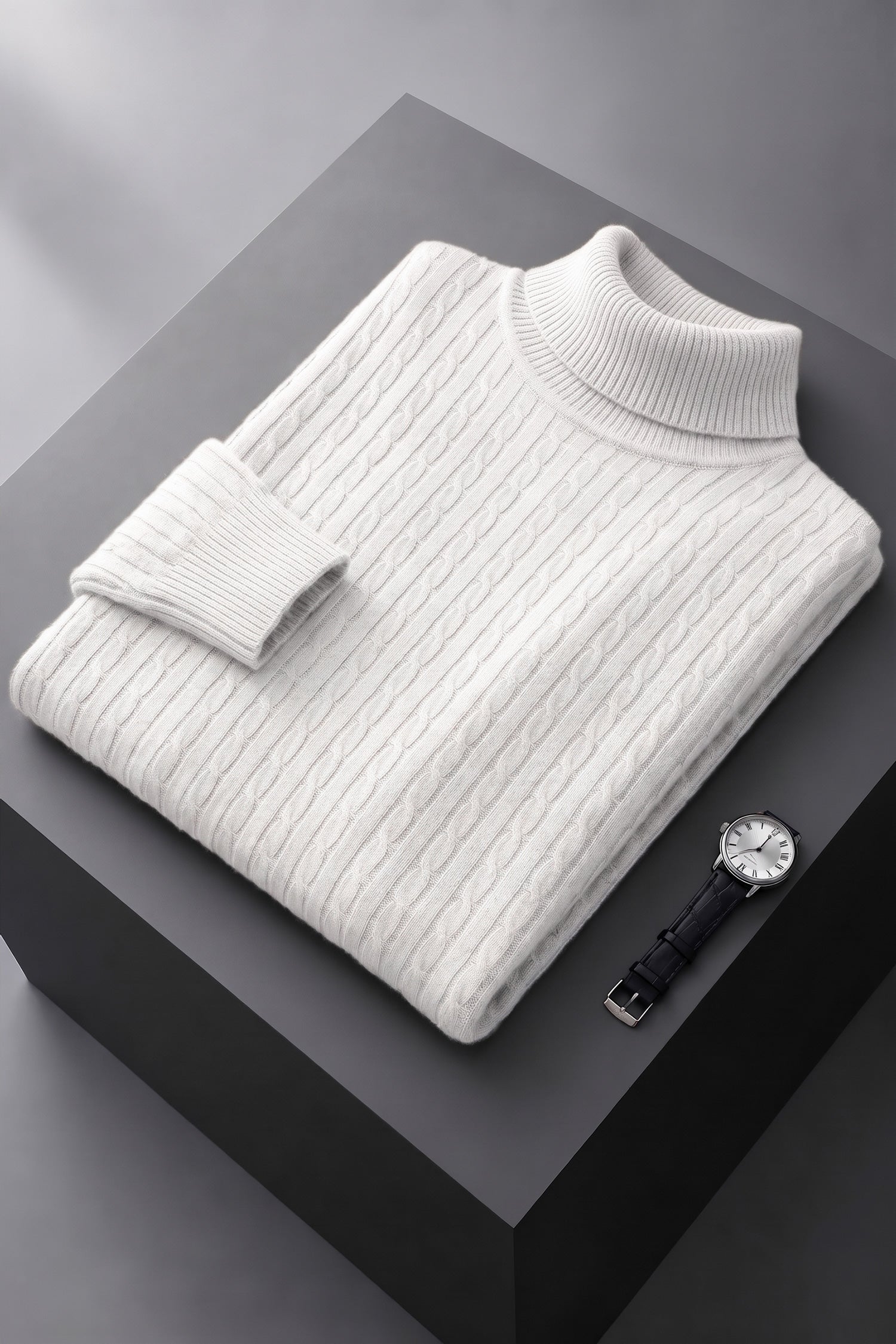 Turbo Cable-Knit Texture Turtleneck Pullover Imported High Neck In White