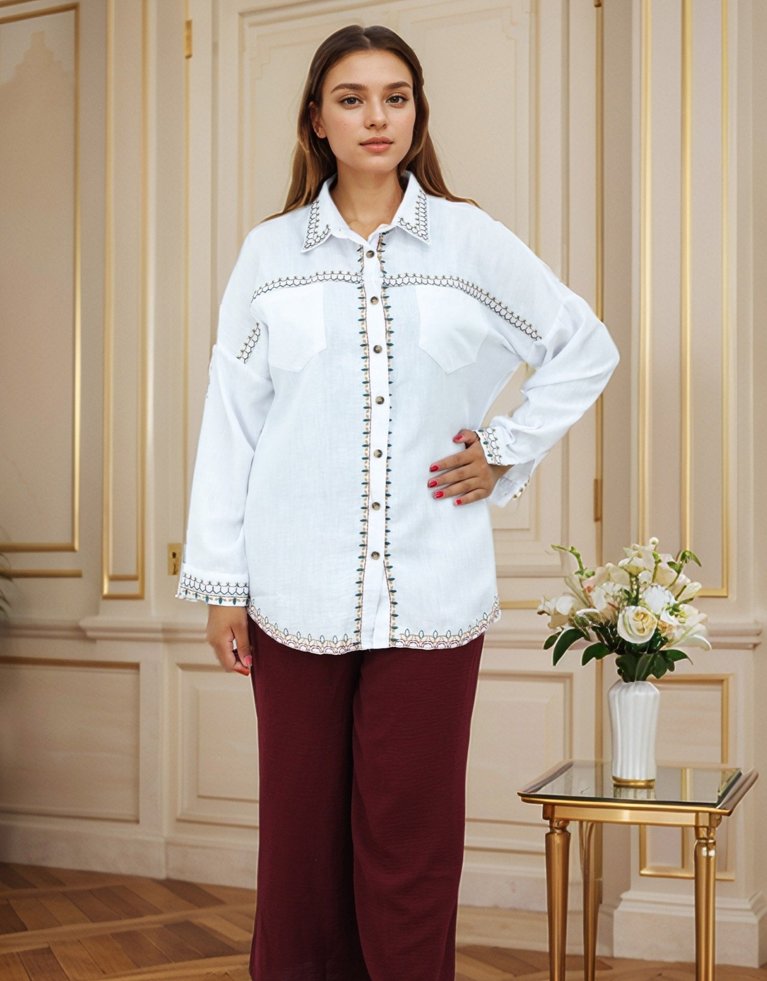 Embroidered Design Aztec long Sleeve Turkish Imported Top