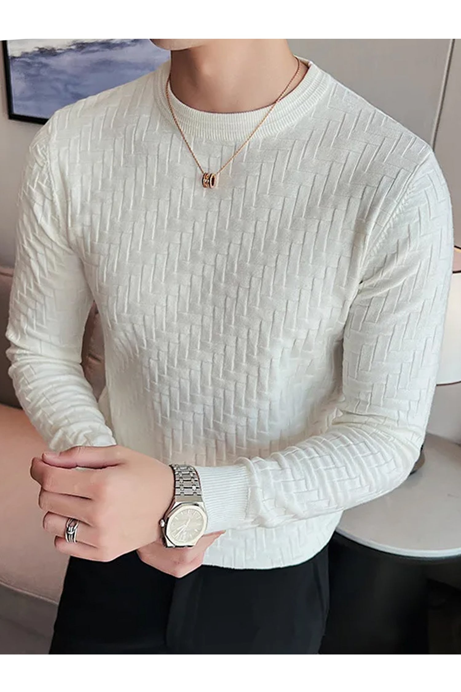 Mountain Friendly Cable Knit Sweater Style Crew Neck Men's Sweatshirt