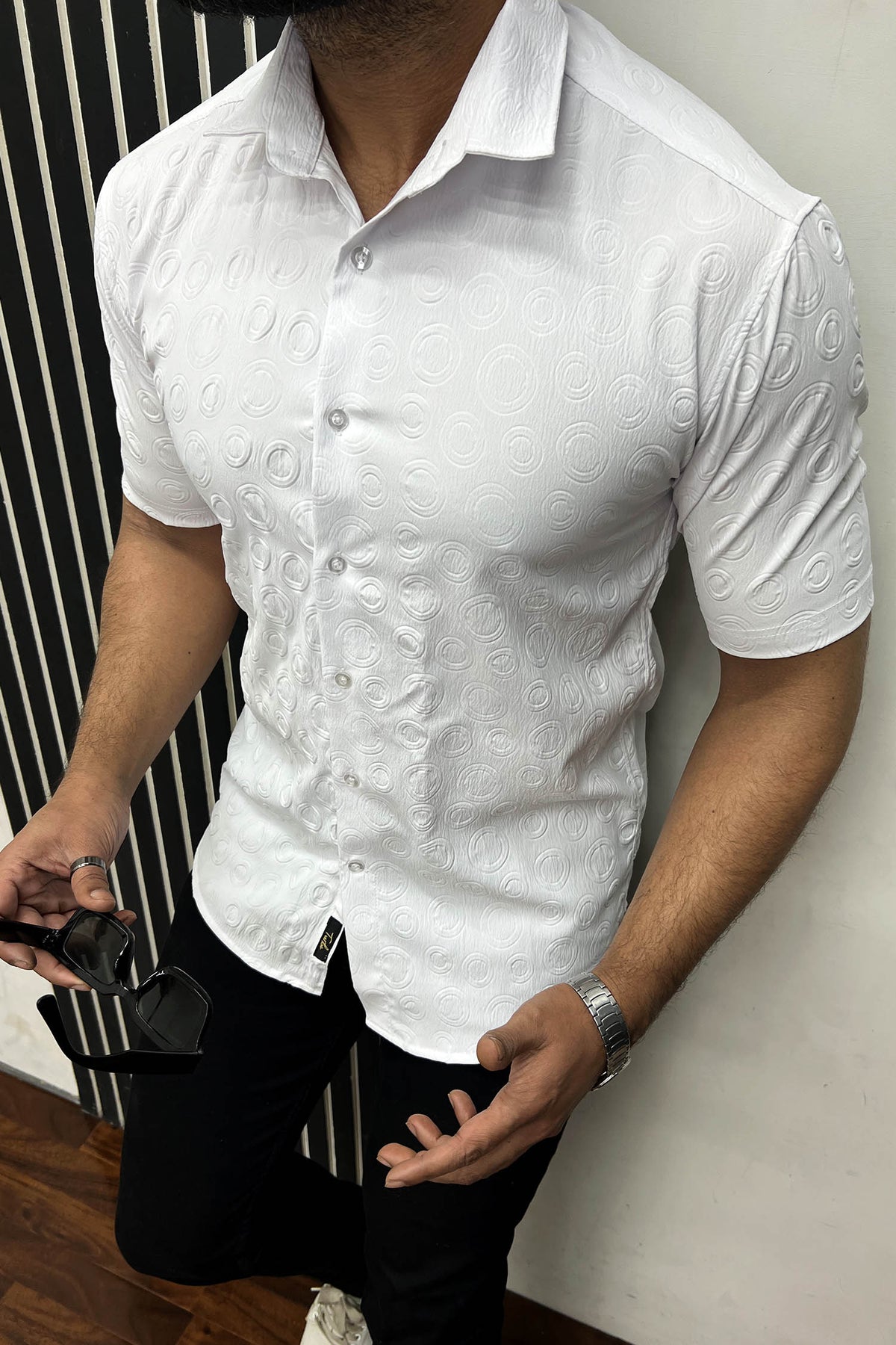 Embossed  Circles All Over Casual Shirt In White