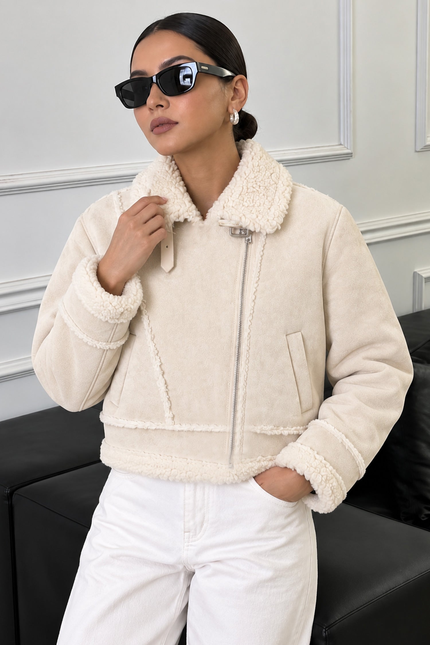 Women Asymmetric Shearling-Lined Imported Suede Jacket In Beige