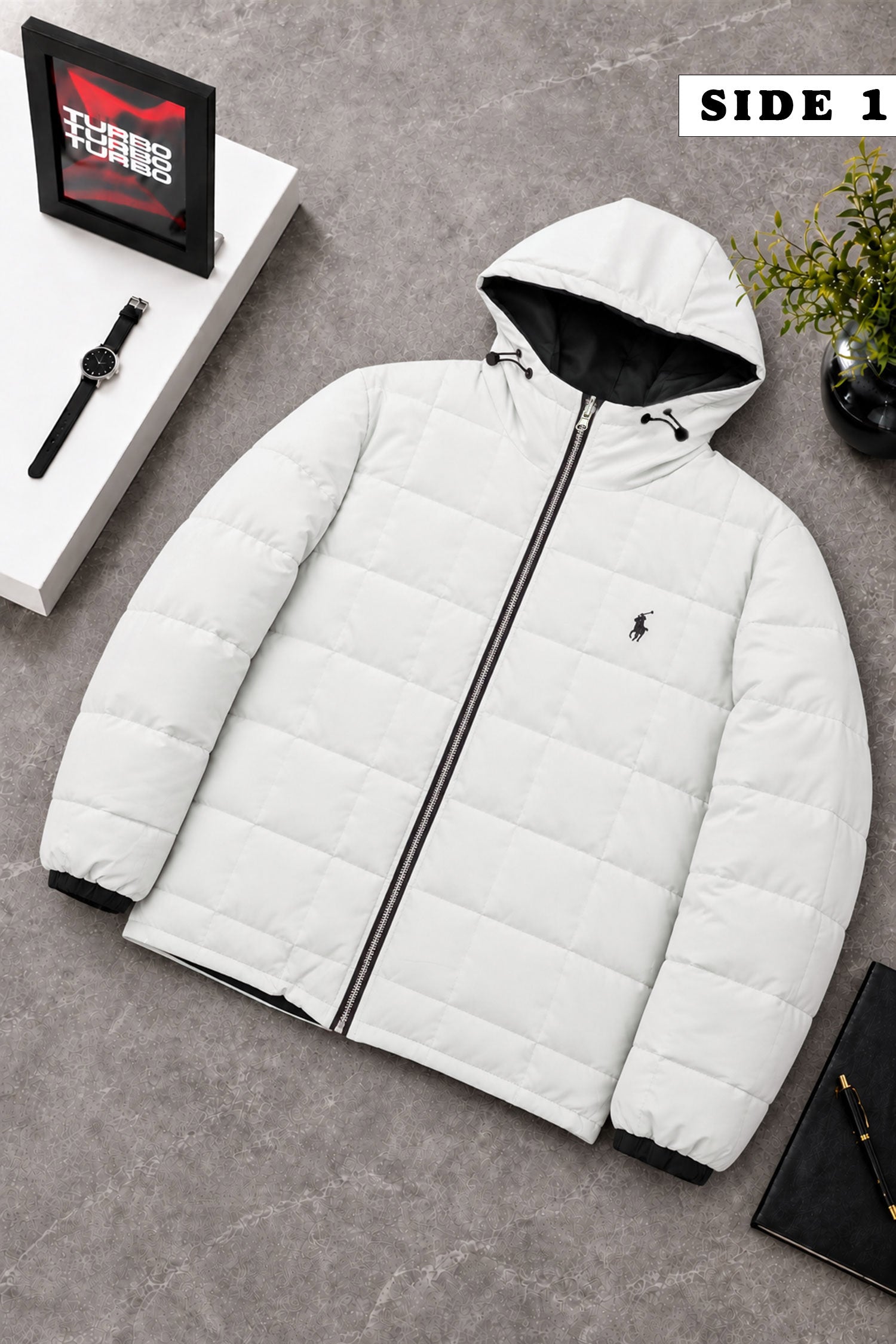 Polo Square-Pattern Dual Color Hooded Imported Puffer Jacket In White