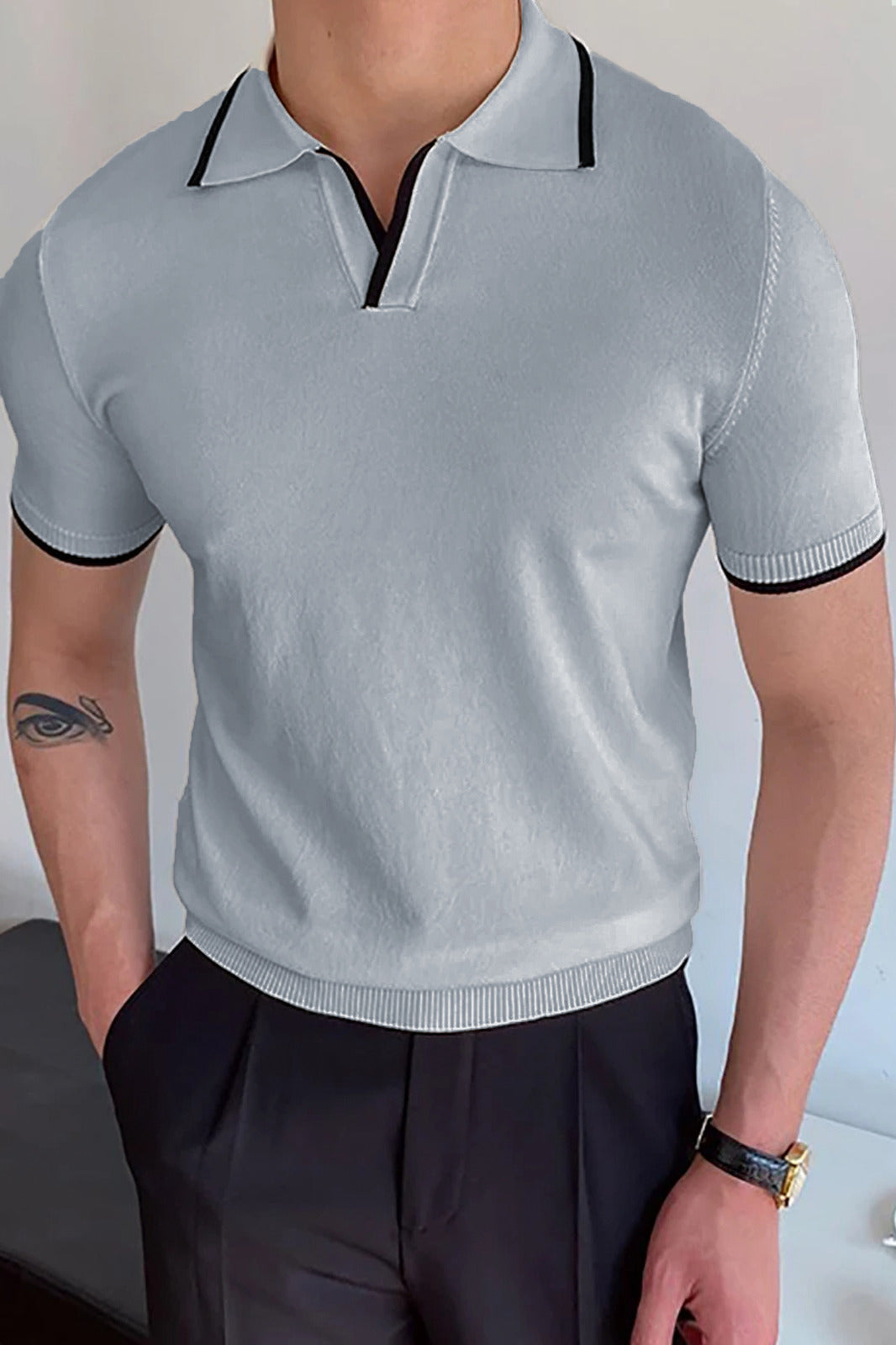 Plain Classic Collar Jumper Polo Shirt In Slate Grey